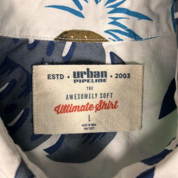 Urban Pipeline Shirt Mens Large White Blue Green Coconut Leaf Print Button Up - Picture 3 of 7